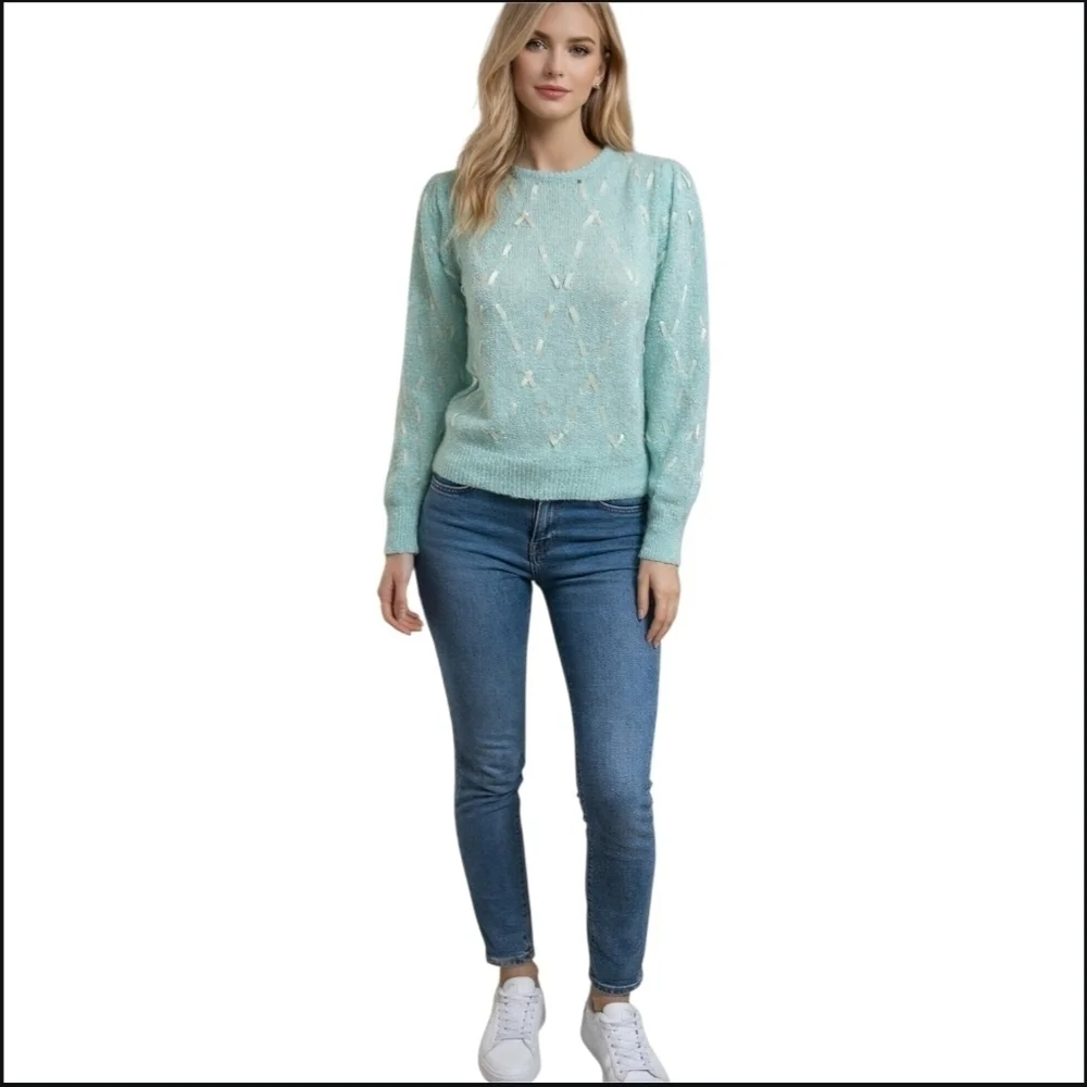 Aqua Knit Sweater with Bow Details & Puff Sleeves | 100% Acrylic | Size S.